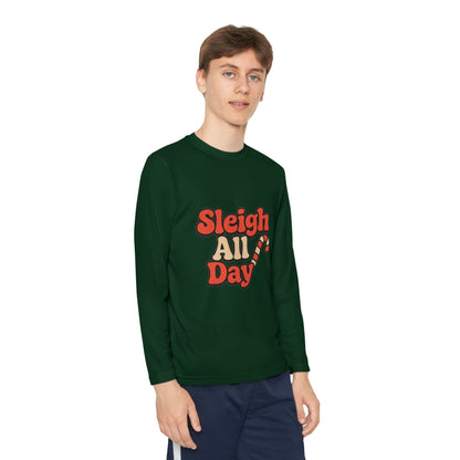 Youth Long Sleeve Tee — "Sleigh All Day" Christmas Candy Cane Holiday Shirt