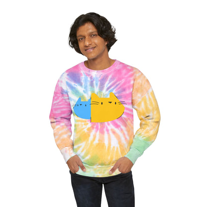Cute Split Cat Tie-Dye Sweatshirt — Blue & Yellow Cat Graphic Crewneck