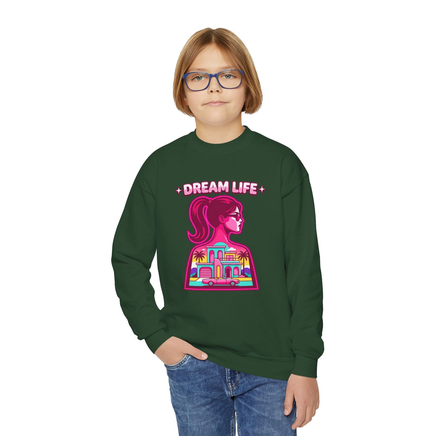 “Dream Life” girls “Barbie style” Youth Crewneck Sweatshirt — Retro Sunset Girl Graphic