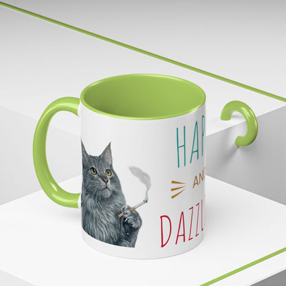 Happy and Dazzling smoking Cat Coffee Mug — Cute Cat smoking a cigarette Illustration Accent Mug (11/15 oz) (free shipping)