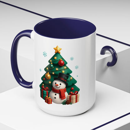Christmas Tree & Snowman Accent Coffee Mug — Festive Holiday 11/15oz Ceramic