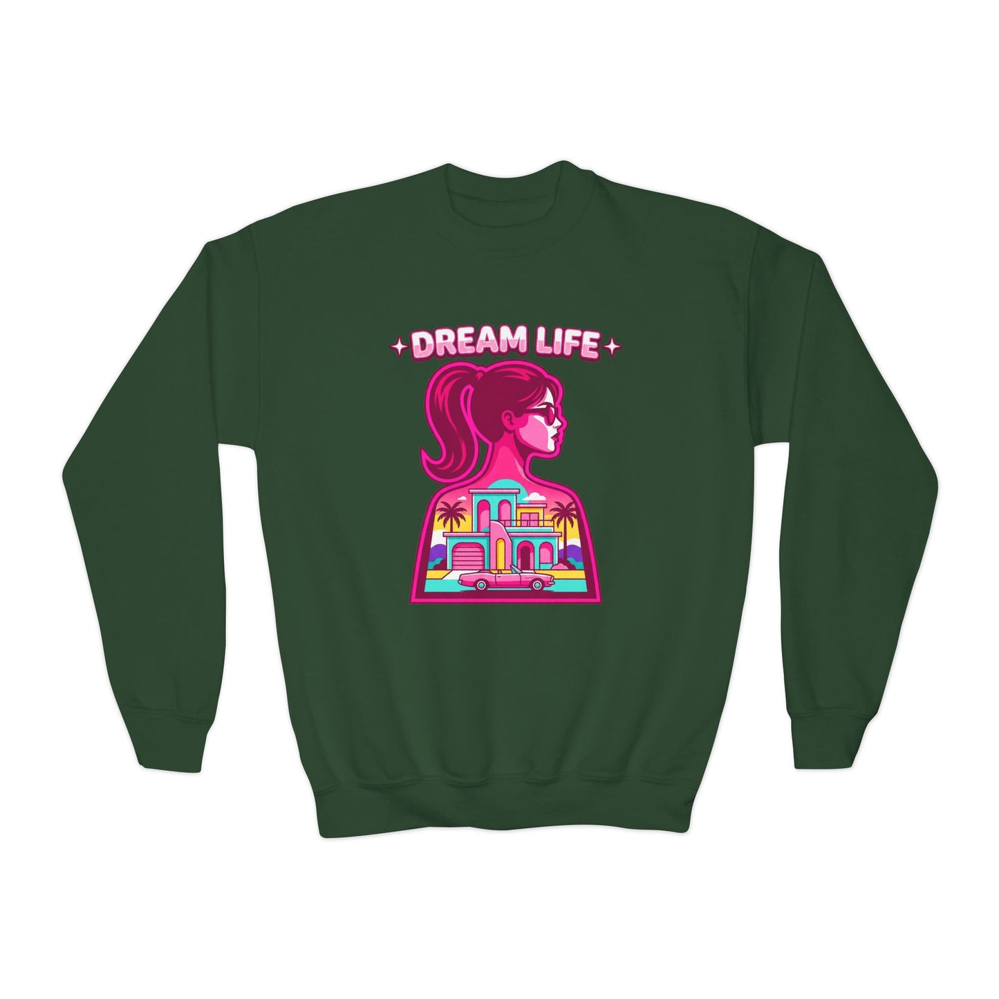 “Dream Life” girls “Barbie style” Youth Crewneck Sweatshirt — Retro Sunset Girl Graphic