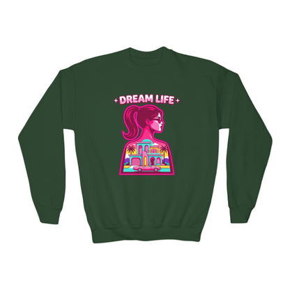 “Dream Life” girls “Barbie style” Youth Crewneck Sweatshirt — Retro Sunset Girl Graphic