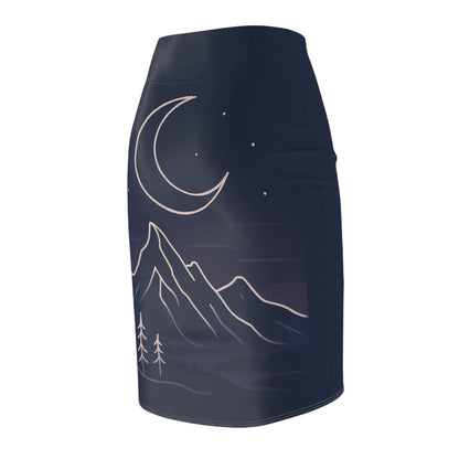Moonlit Mountain Pencil Skirt — Night Sky Scenic AOP