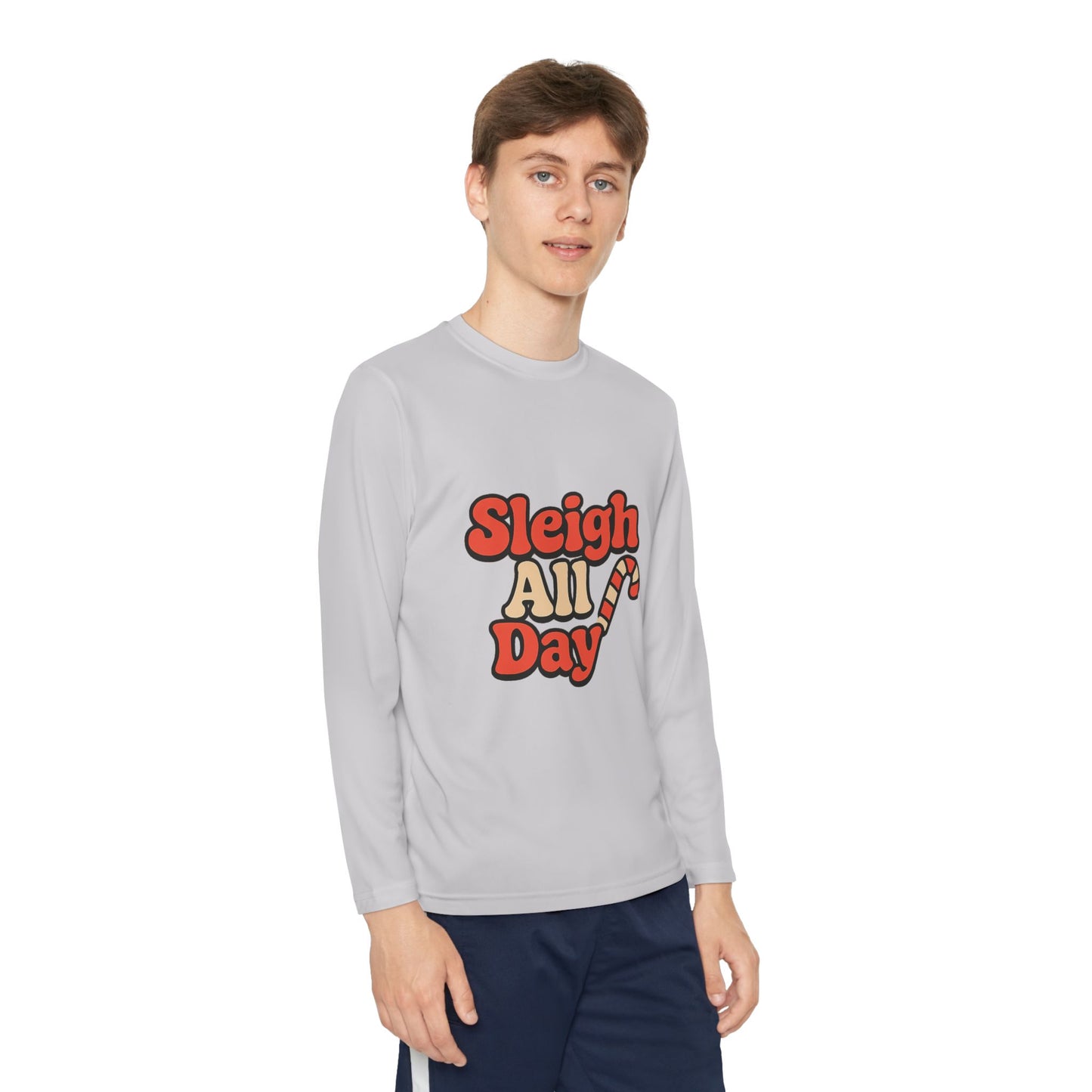 Youth Long Sleeve Tee — "Sleigh All Day" Christmas Candy Cane Holiday Shirt