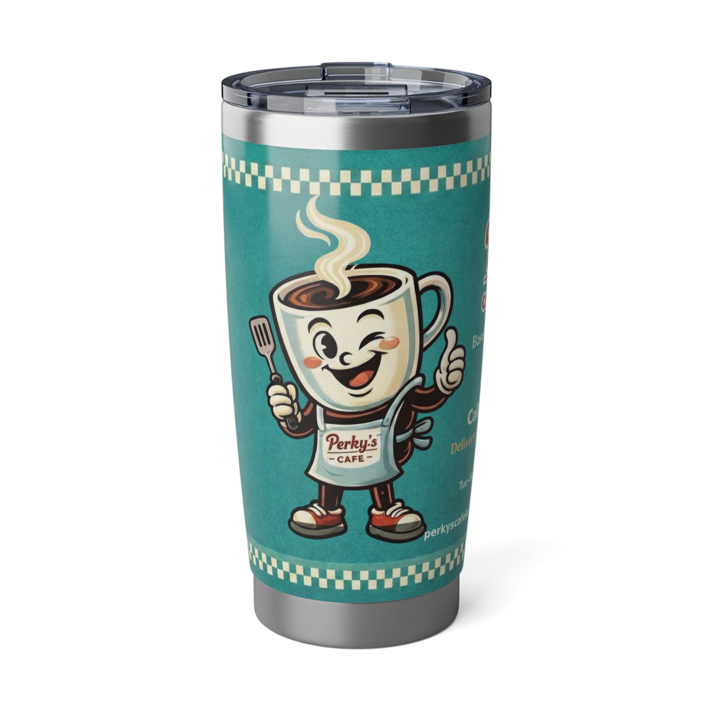 Perky’s Cafe KS retro teal 20oz stainless steel tumbler with sliding lid - Coffee Mug Tumbler — Perky’s Café 20oz Insulated Travel Cup (free shipping)