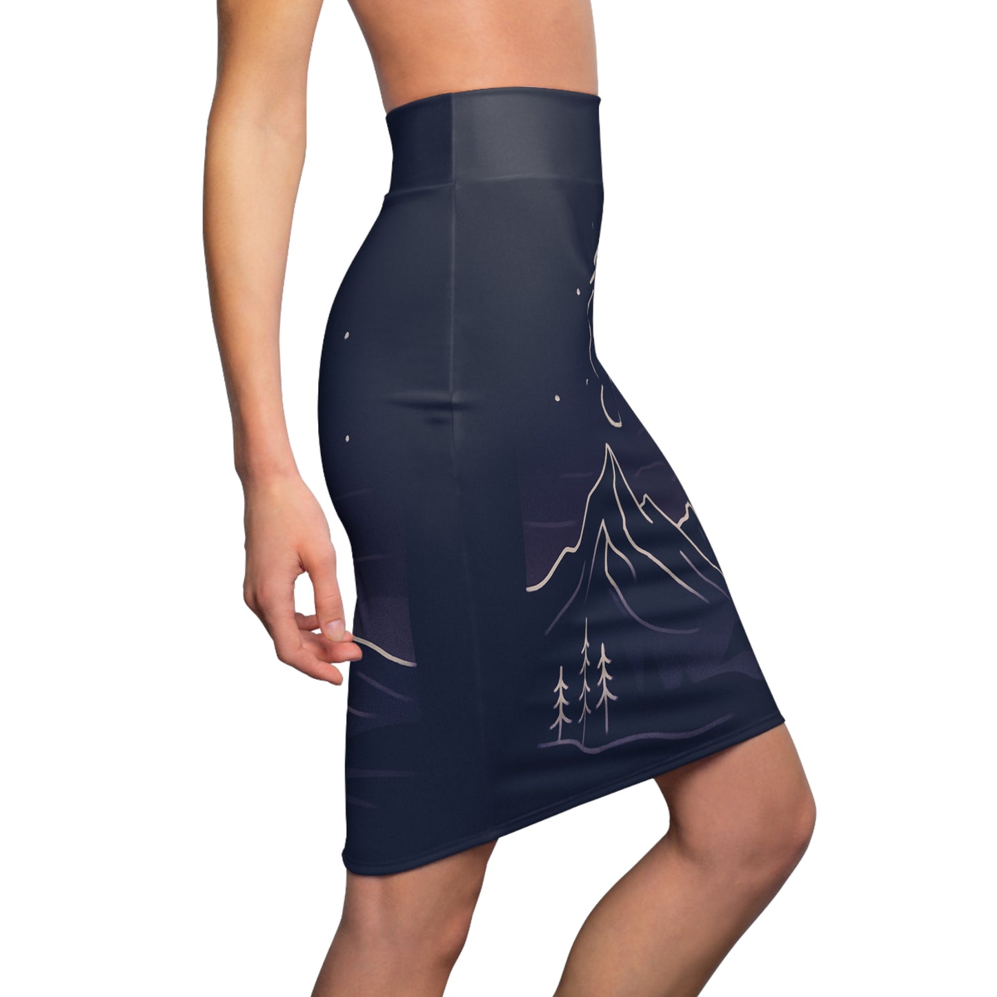 Moonlit Mountain Pencil Skirt — Night Sky Scenic AOP