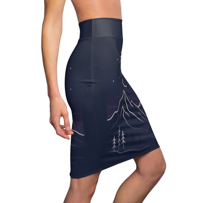 Moonlit Mountain Pencil Skirt — Night Sky Scenic AOP