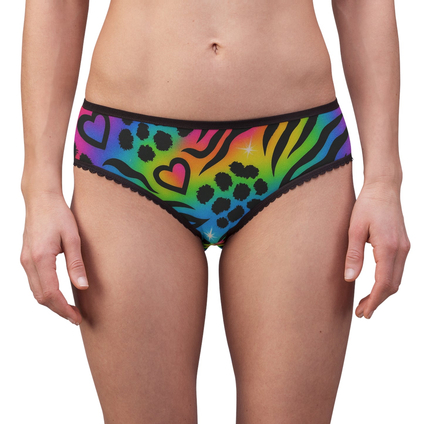 Retro 90’s Rainbow Animal Print Women's Briefs — Neon Leopard & Zebra Hearts All-Over Print