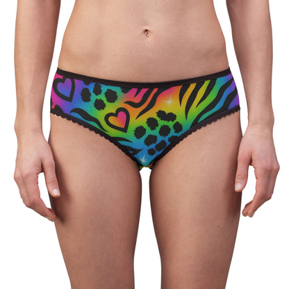 Retro 90’s Rainbow Animal Print Women's Briefs — Neon Leopard & Zebra Hearts All-Over Print
