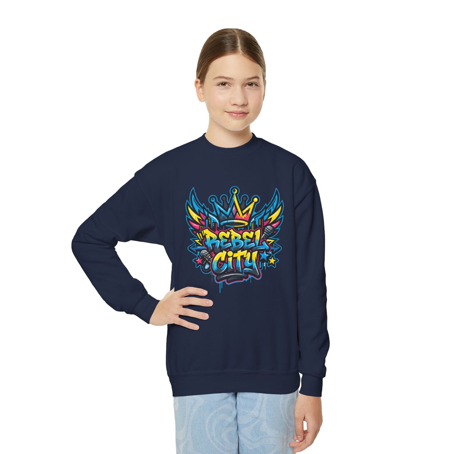 Youth Crewneck spray paint style- Sweatshirt - Colorful Rebel City Graffiti Crown Design