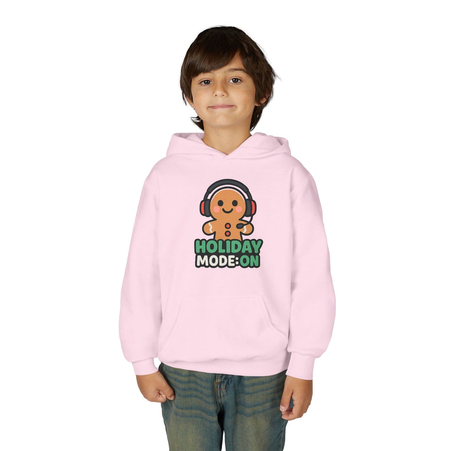 Youth Hoodie — 'Holiday Mode On' Gingerbread Headphone Christmas Sweatshirt