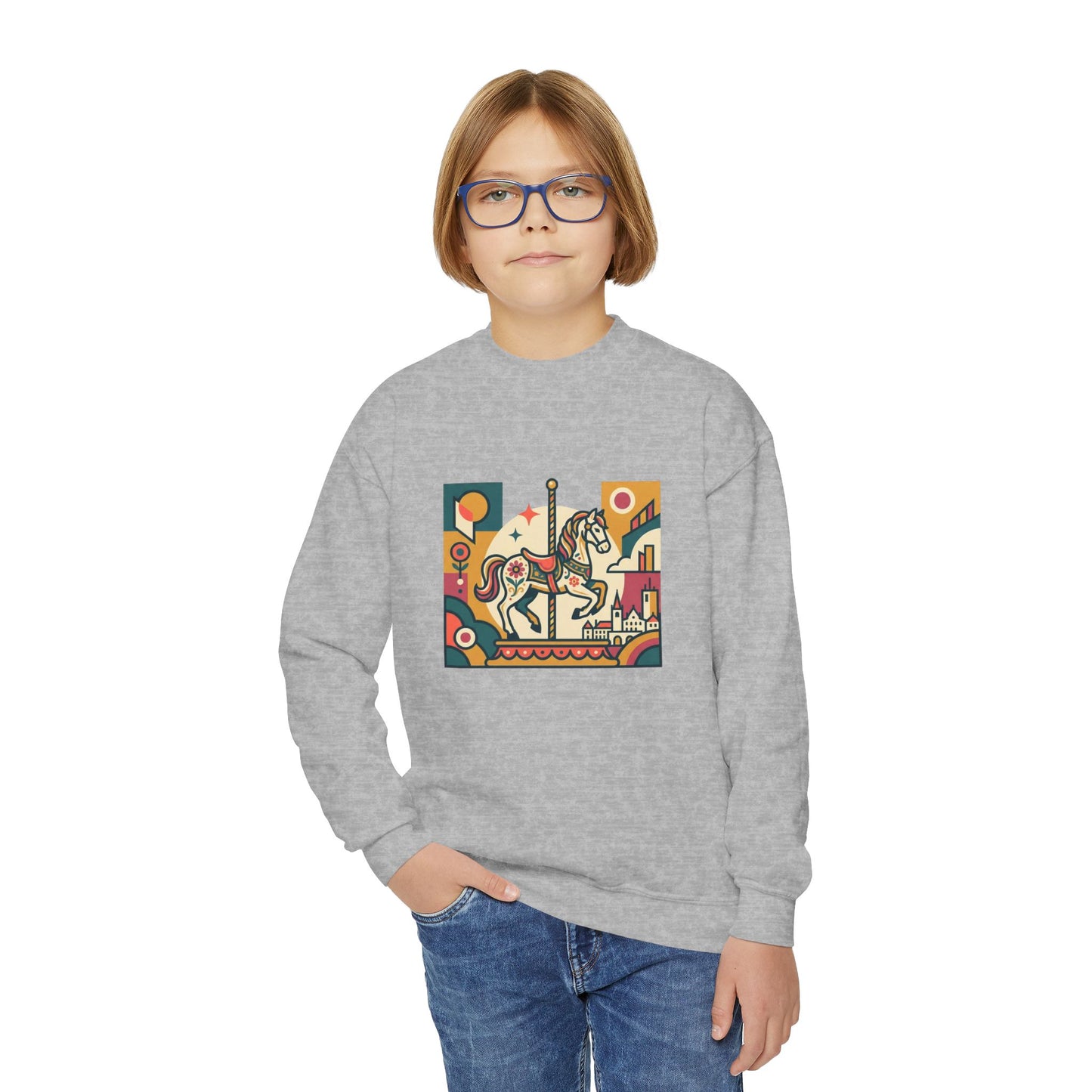 Youth Crewneck Sweatshirt — Retro Carousel Horse Graphic
