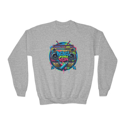 Youth Crewneck Sweatshirt — Vibrant Retro Boombox “Rebel With” spray paint Graphic
