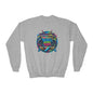 Youth Crewneck Sweatshirt — Vibrant Retro Boombox “Rebel With” spray paint Graphic