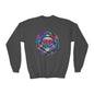 Youth Crewneck Sweatshirt — Neon spray paint rebel Skull 'Rebel With A Cause' Graphic