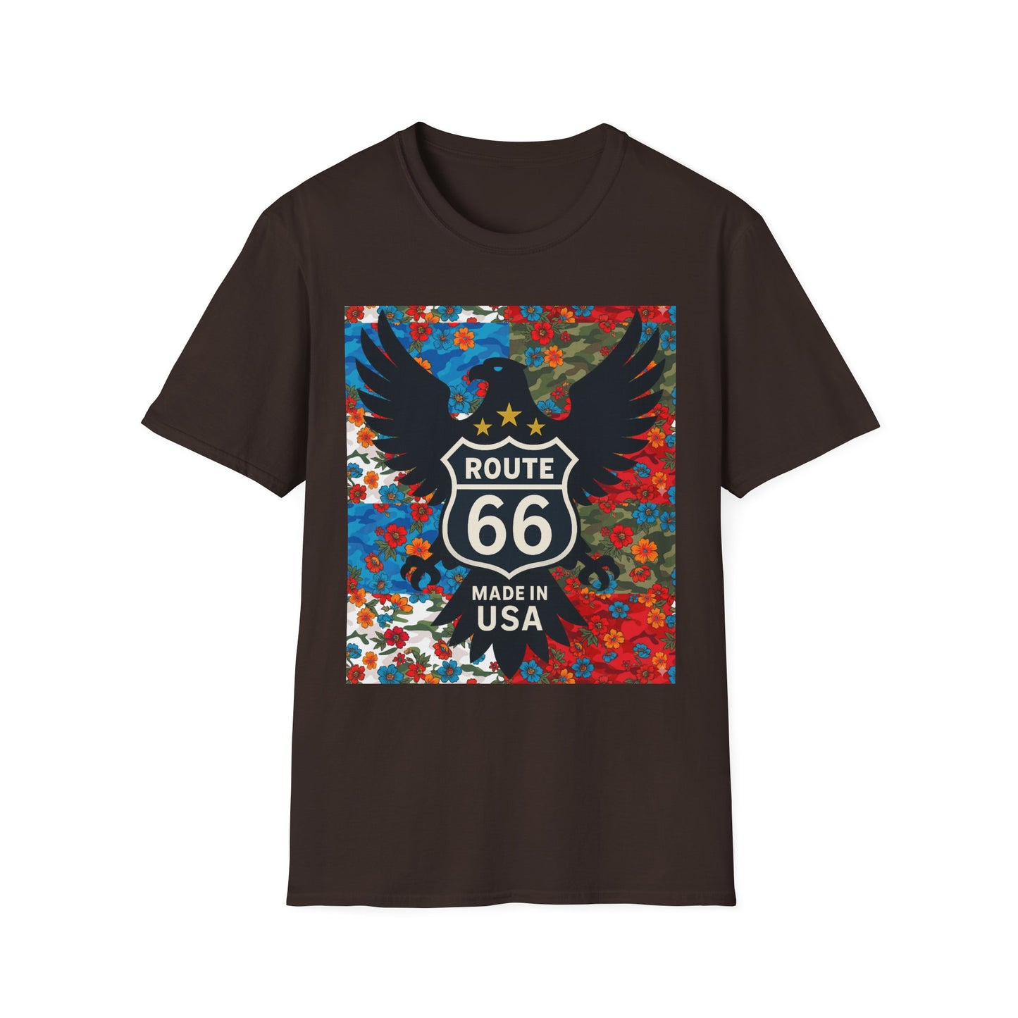 Route 66 Made in USA T-Shirt — Vintage Eagle Floral Roadtrip Tee- camo flower combo T-shirt