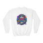 Youth Crewneck Sweatshirt — Neon spray paint rebel Skull 'Rebel With A Cause' Graphic