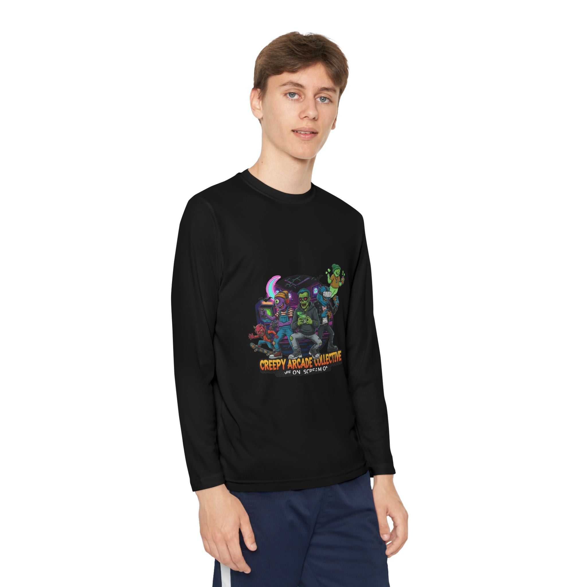 Creepy Arcade Collecting Youth Long Sleeve Tee, Kids Gamer Shirt, Halloween Costume, Teen Casual Wear, Fantasy T-Shirt
