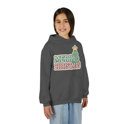Kids youth Merry Christmas Hoodie — Pastel Tree Holiday Pullover