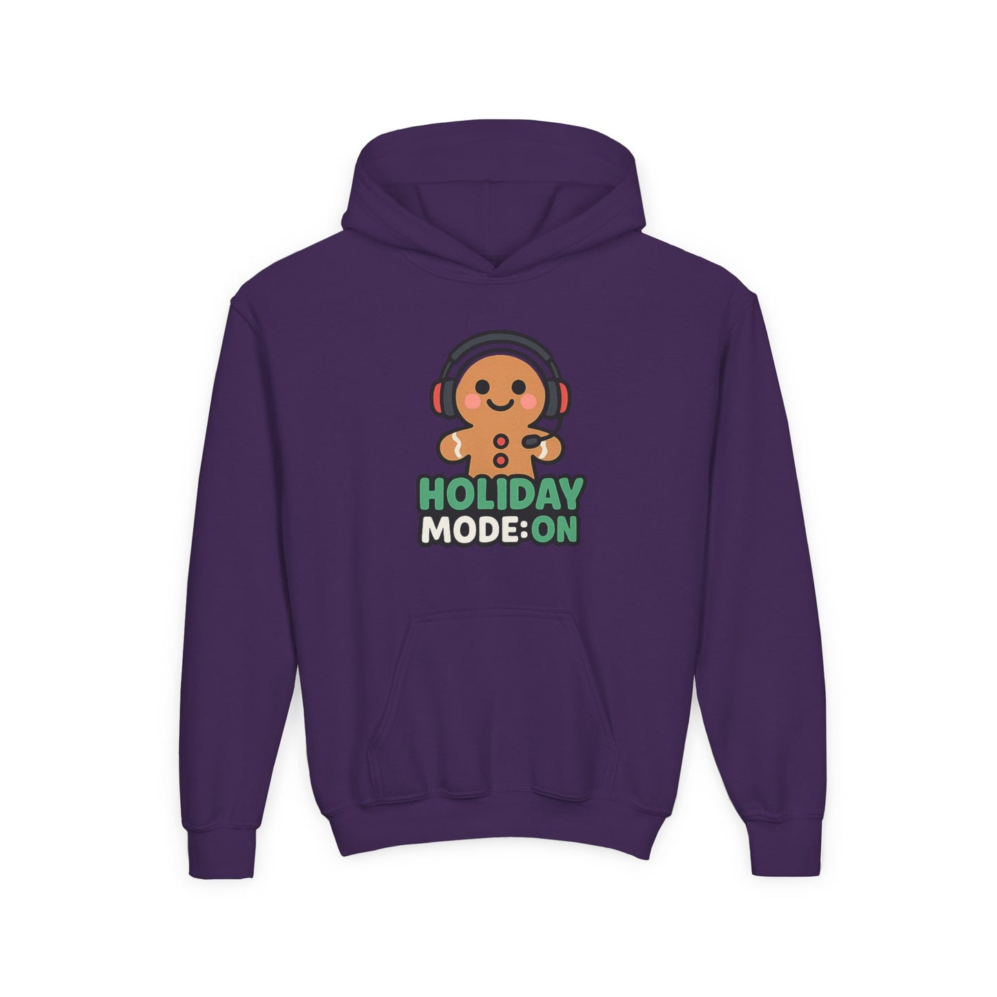 Youth Hoodie — 'Holiday Mode On' Gingerbread Headphone Christmas Sweatshirt