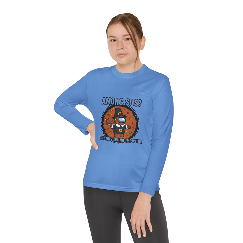 Among Sus? Thanksgiving Impostor Youth Tee, Fun Youth T-Shirt, Gamer Apparel for Kids, Long Sleeve Graphic Tee, Funny Thanksgiving Gift