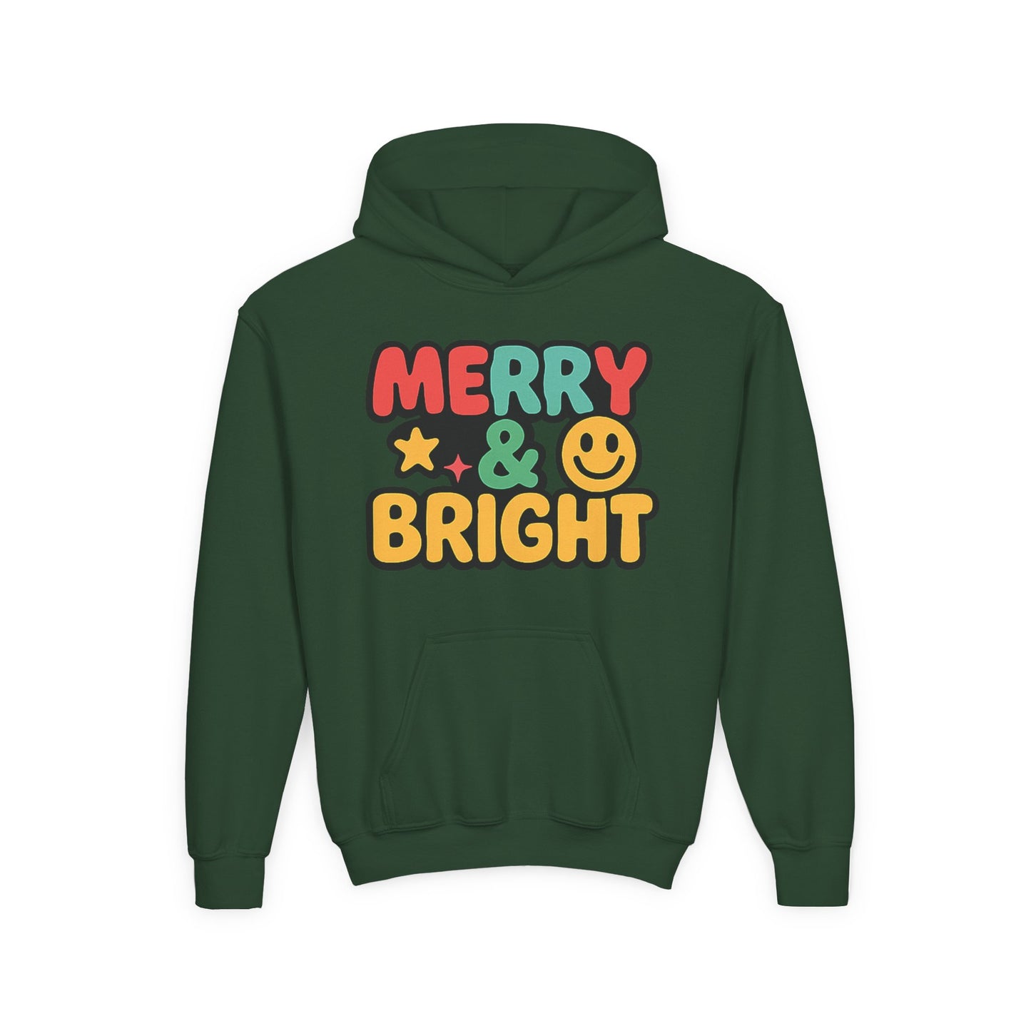Youth Hoodie — 'Merry & Bright' Colorful Holiday Kids Sweatshirt