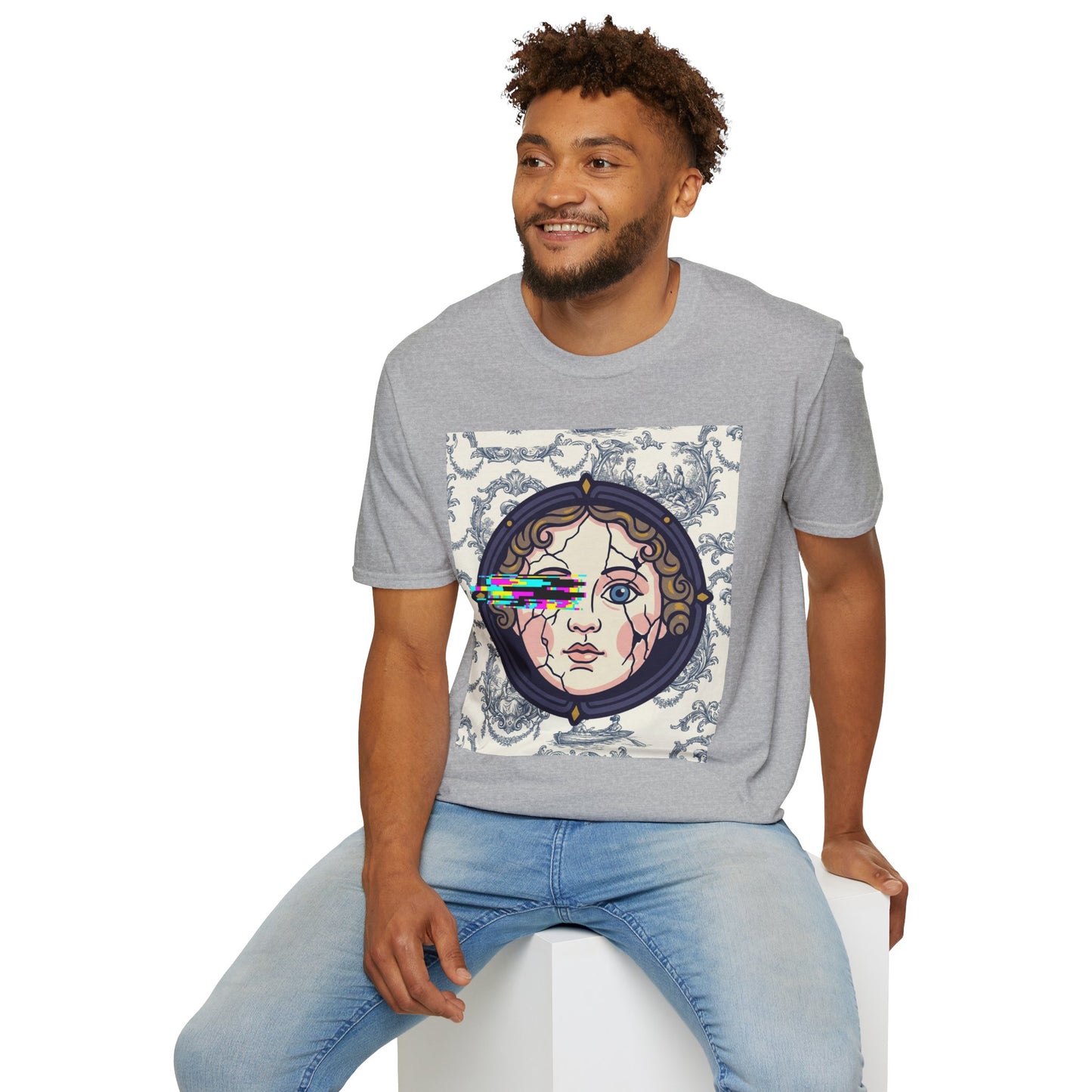 Glitch retro cracked porcelain doll face- Rococo Smartphone Toile - T-Shirt — Retro Mythology Art Tee