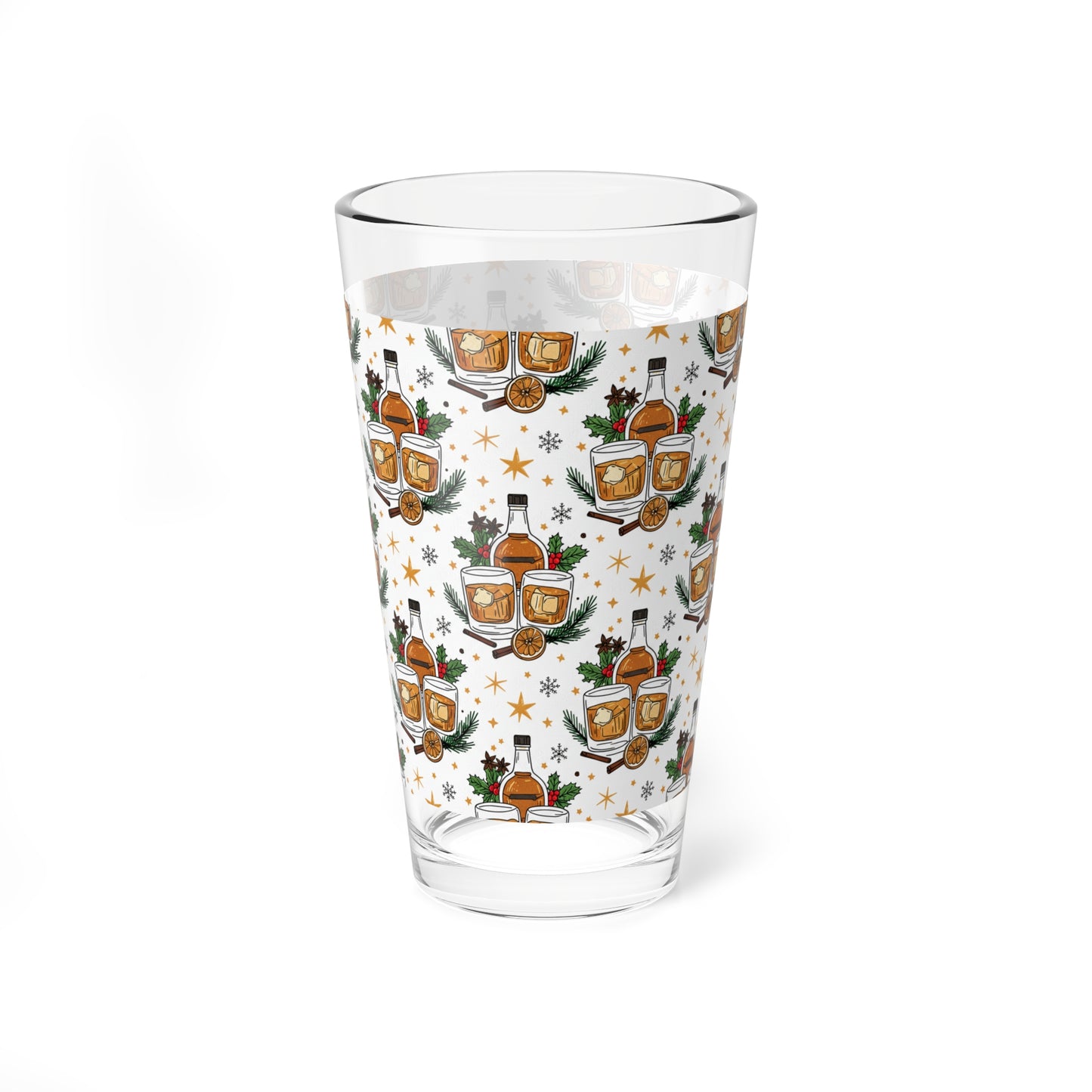 Whiskey Holiday Mixing Glass — 16oz Festive Cocktail Mixing Glass with Bottle & Glass Pattern (Free Shipping)