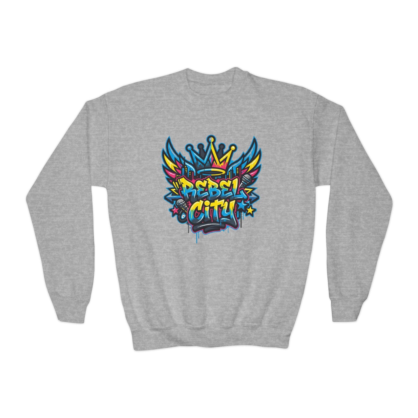 Youth Crewneck spray paint style- Sweatshirt - Colorful Rebel City Graffiti Crown Design