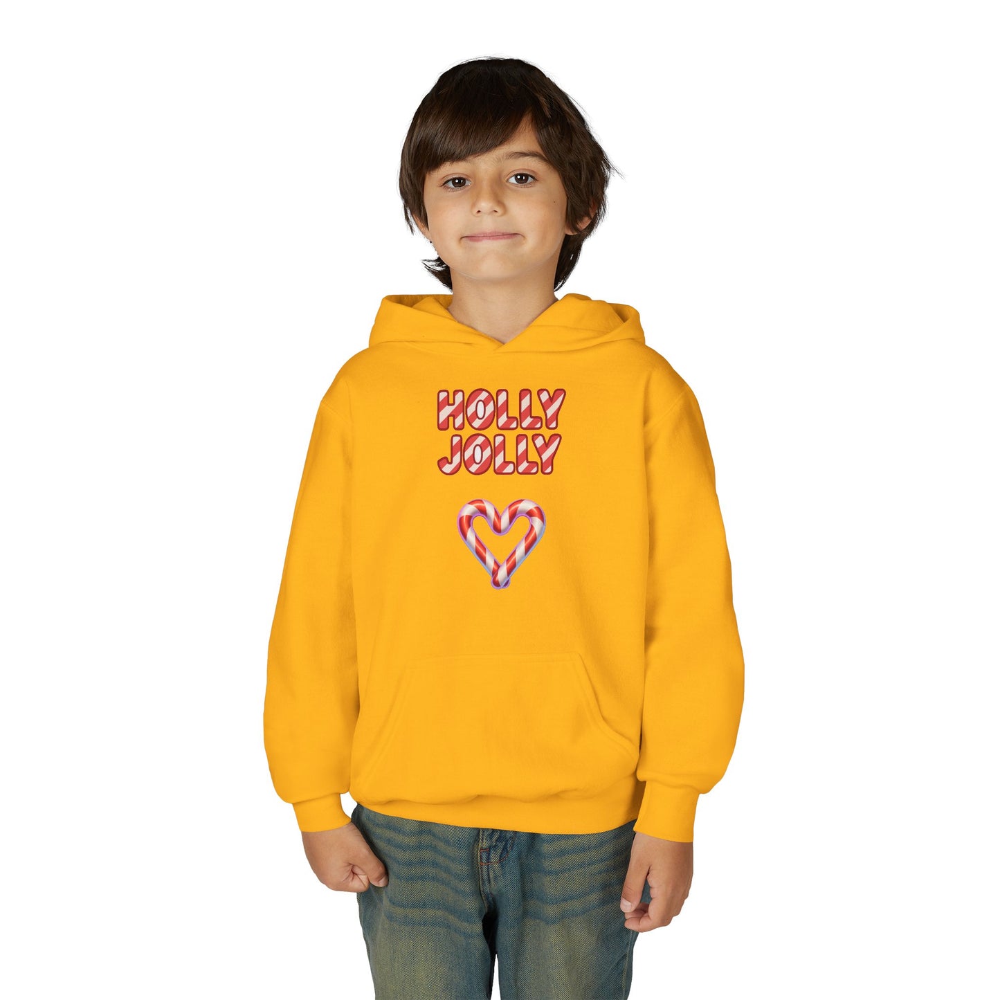 Youth Hoodie — "Holly Jolly" Candy Cane Heart Christmas Sweatshirt