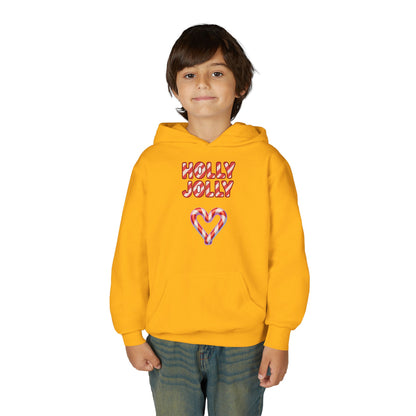 Youth Hoodie — "Holly Jolly" Candy Cane Heart Christmas Sweatshirt