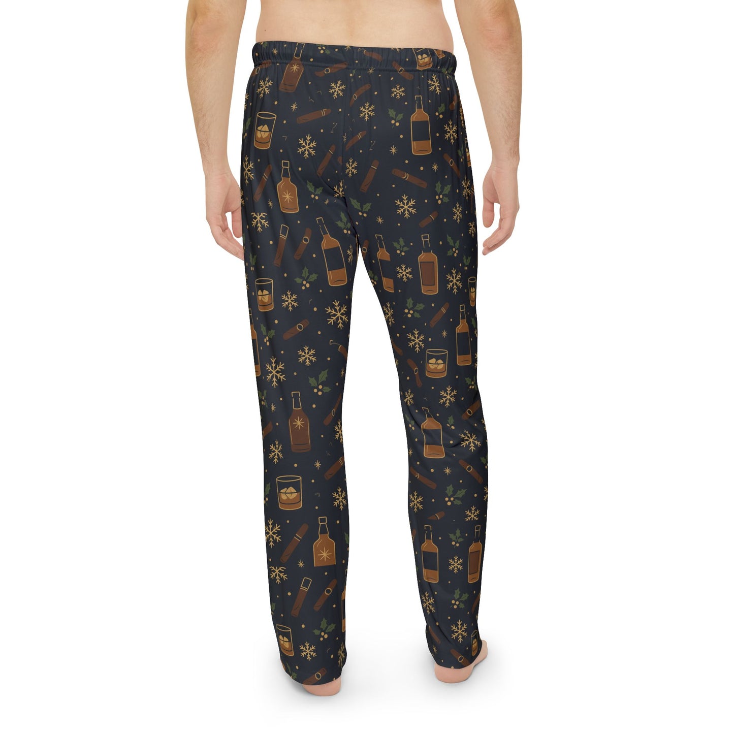 Whiskey Night Pajama Pants — Men’s Cozy Lounge Sleepwear with Bottle & Snowflake Print