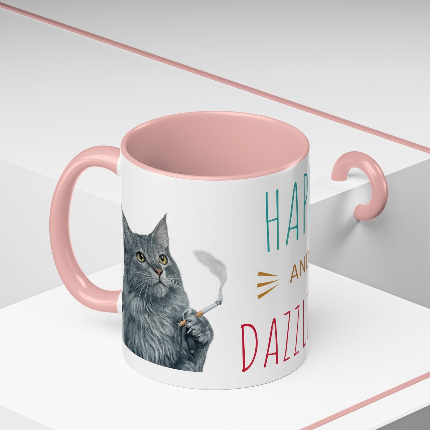 Happy and Dazzling smoking Cat Coffee Mug — Cute Cat smoking a cigarette Illustration Accent Mug (11/15 oz) (free shipping)