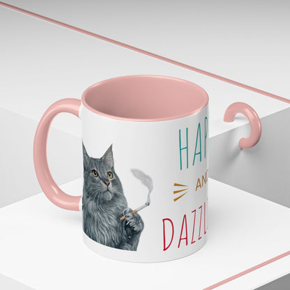 Happy and Dazzling smoking Cat Coffee Mug — Cute Cat smoking a cigarette Illustration Accent Mug (11/15 oz) (free shipping)