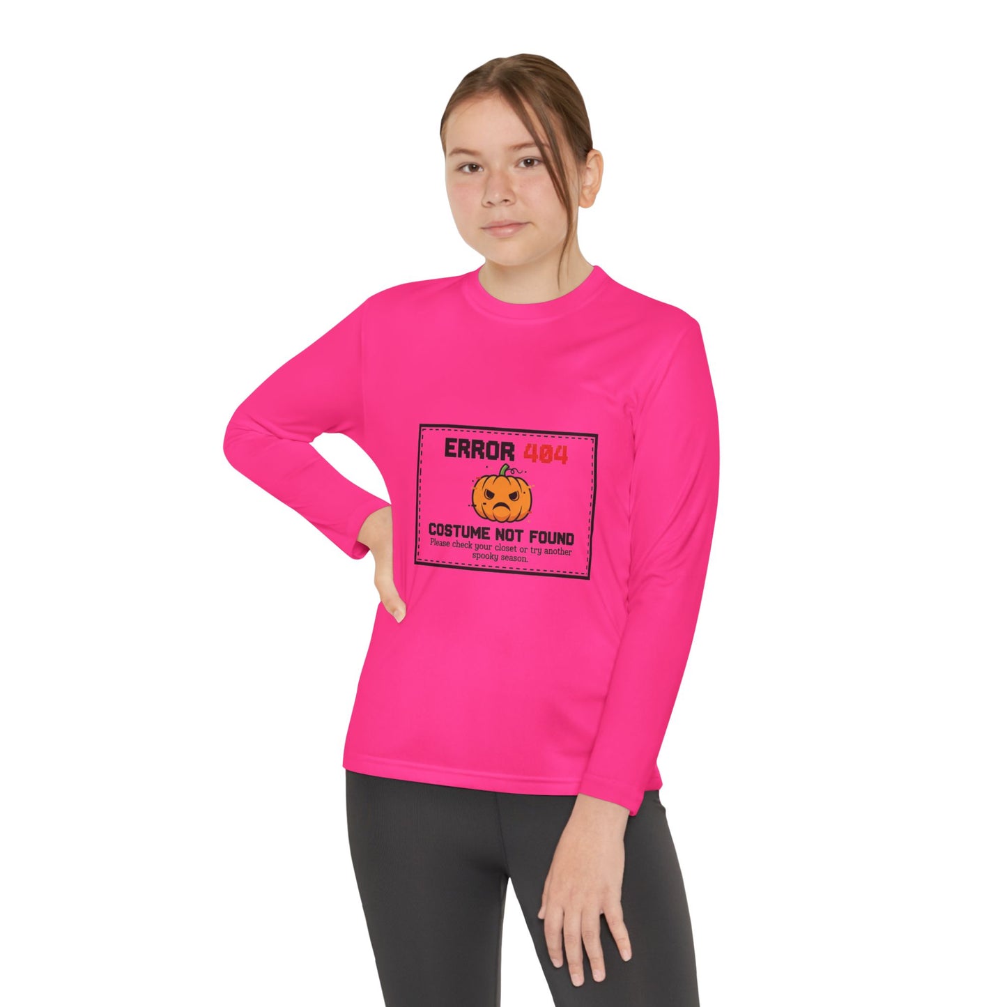 Youth Long Sleeve Halloween Tee, Kids Costume Shirt, Spooky Error 404 Top, Funny Trick-or-Treat Apparel, Halloween Party Outfit