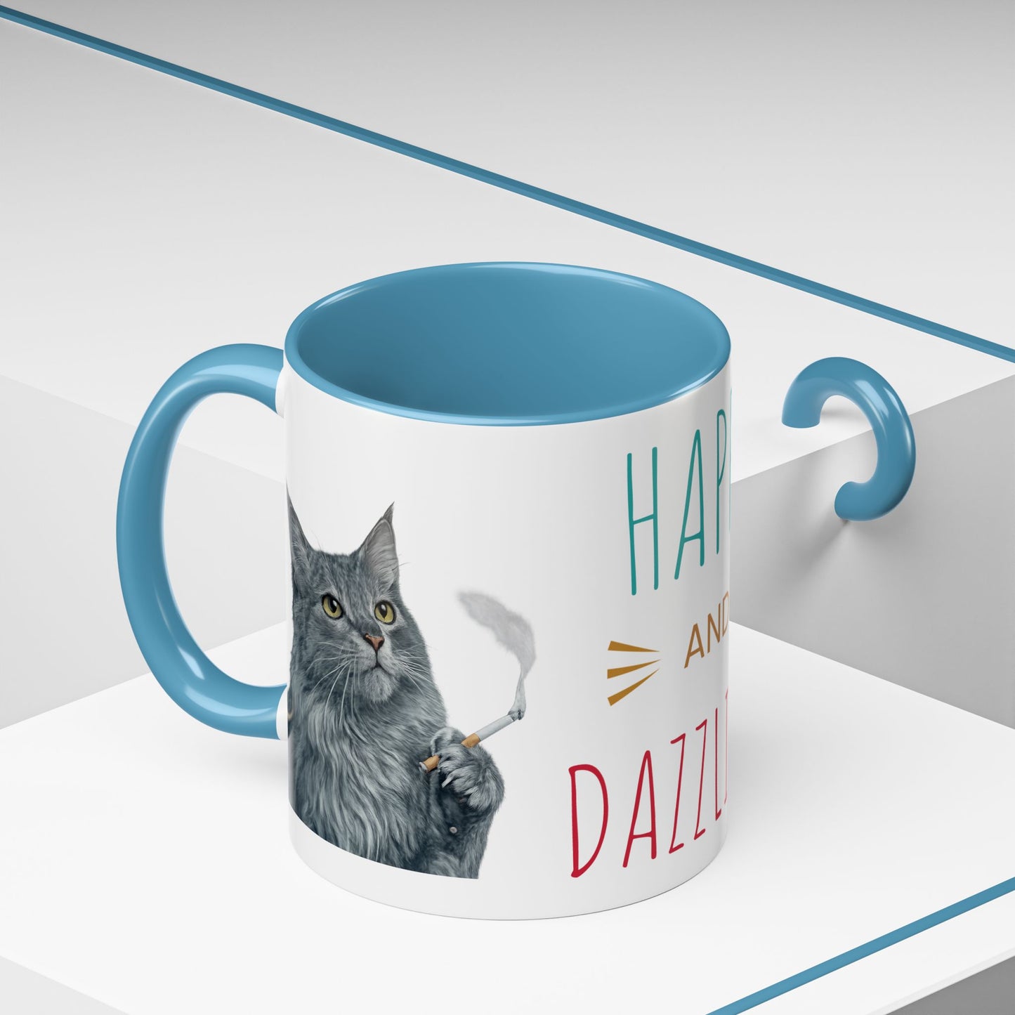 Happy and Dazzling smoking Cat Coffee Mug — Cute Cat smoking a cigarette Illustration Accent Mug (11/15 oz) (free shipping)
