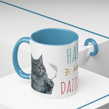 Happy and Dazzling smoking Cat Coffee Mug — Cute Cat smoking a cigarette Illustration Accent Mug (11/15 oz) (free shipping)