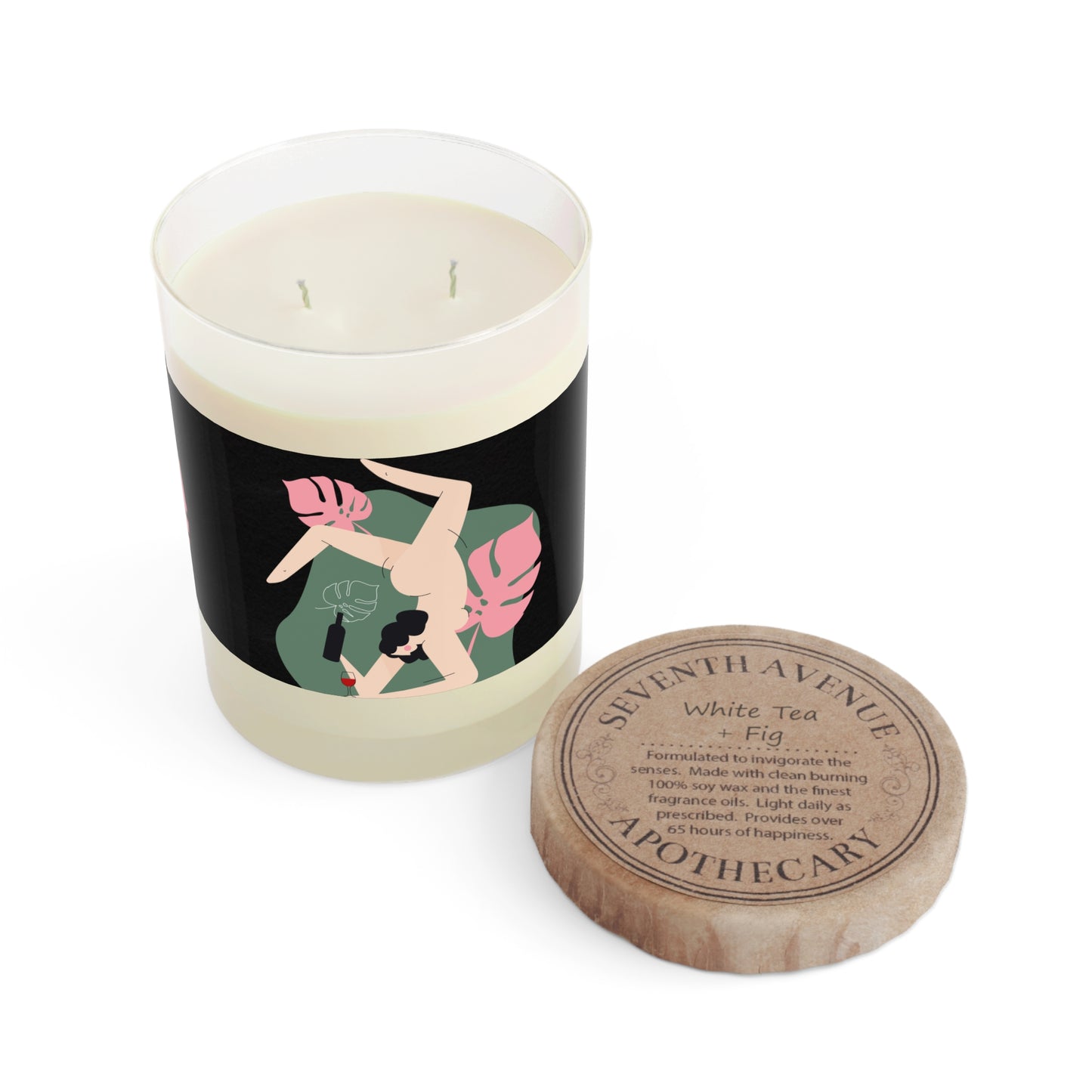 Tropical Night Scented Candle — 11oz Glass Candle with Palm Leaf & Wine Girl Art