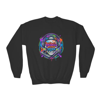 Youth Crewneck Sweatshirt — Neon spray paint rebel Skull 'Rebel With A Cause' Graphic
