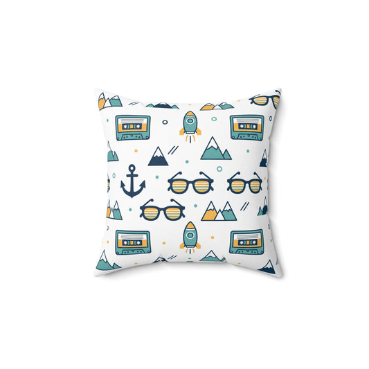 Retro Summer Pattern Throw Pillow — Sunglasses, Cassette & Anchor Decorative Cushion (free shipping)
