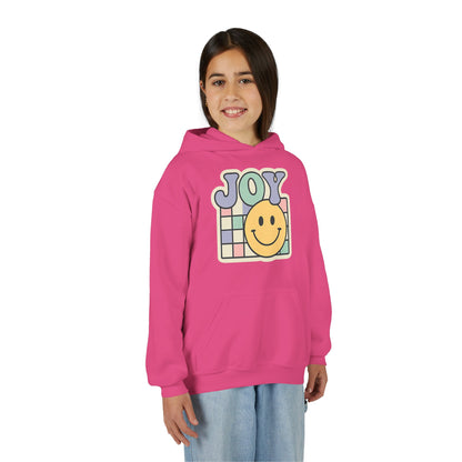 Girls Youth Hoodie – Retro 'JOY' Smiley Graphic Kids Sweatshirt