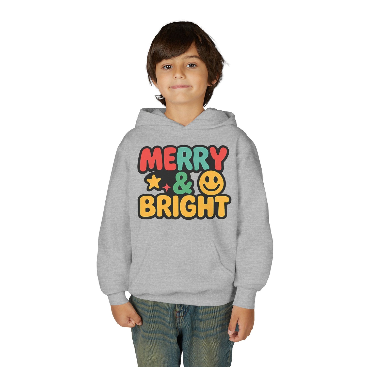 Youth Hoodie — 'Merry & Bright' Colorful Holiday Kids Sweatshirt