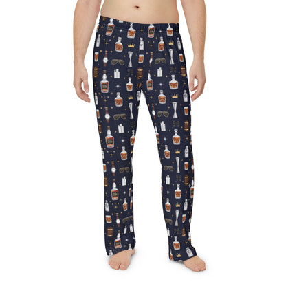 Whiskey Nightmen Pajama Pants — Men's All-Over Print Lounge Pants with Bottle & Glass Pattern