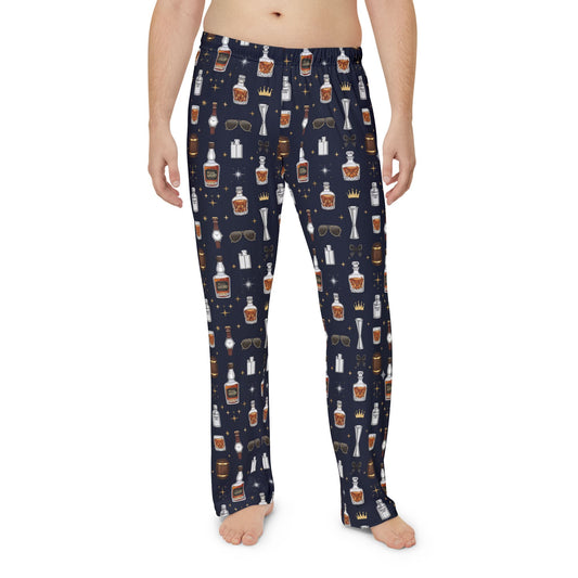 Whiskey Nightmen Pajama Pants — Men's All-Over Print Lounge Pants with Bottle & Glass Pattern