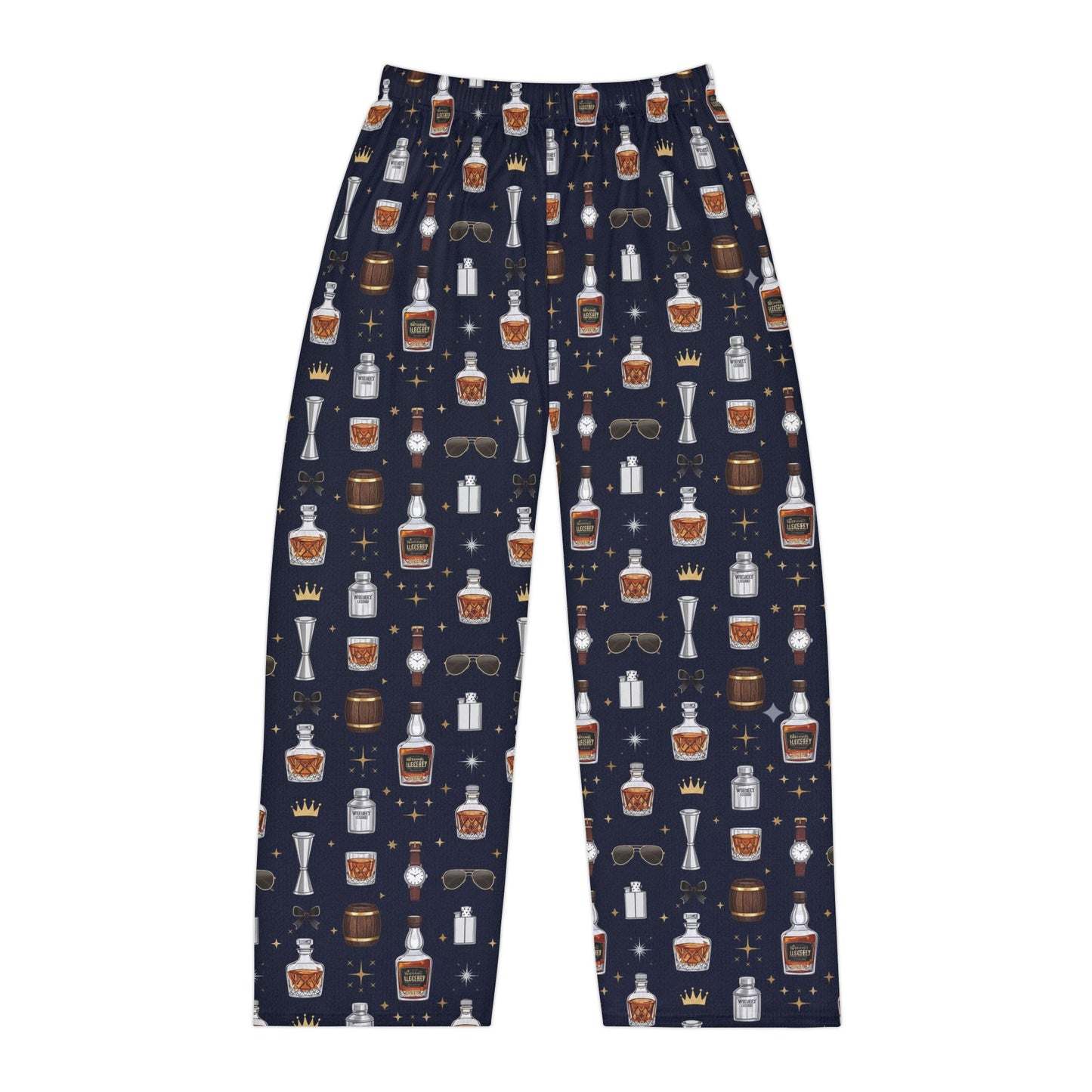 Whiskey Nightmen Pajama Pants — Men's All-Over Print Lounge Pants with Bottle & Glass Pattern