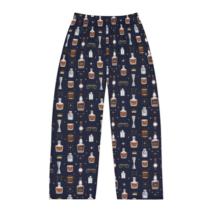 Whiskey Nightmen Pajama Pants — Men's All-Over Print Lounge Pants with Bottle & Glass Pattern
