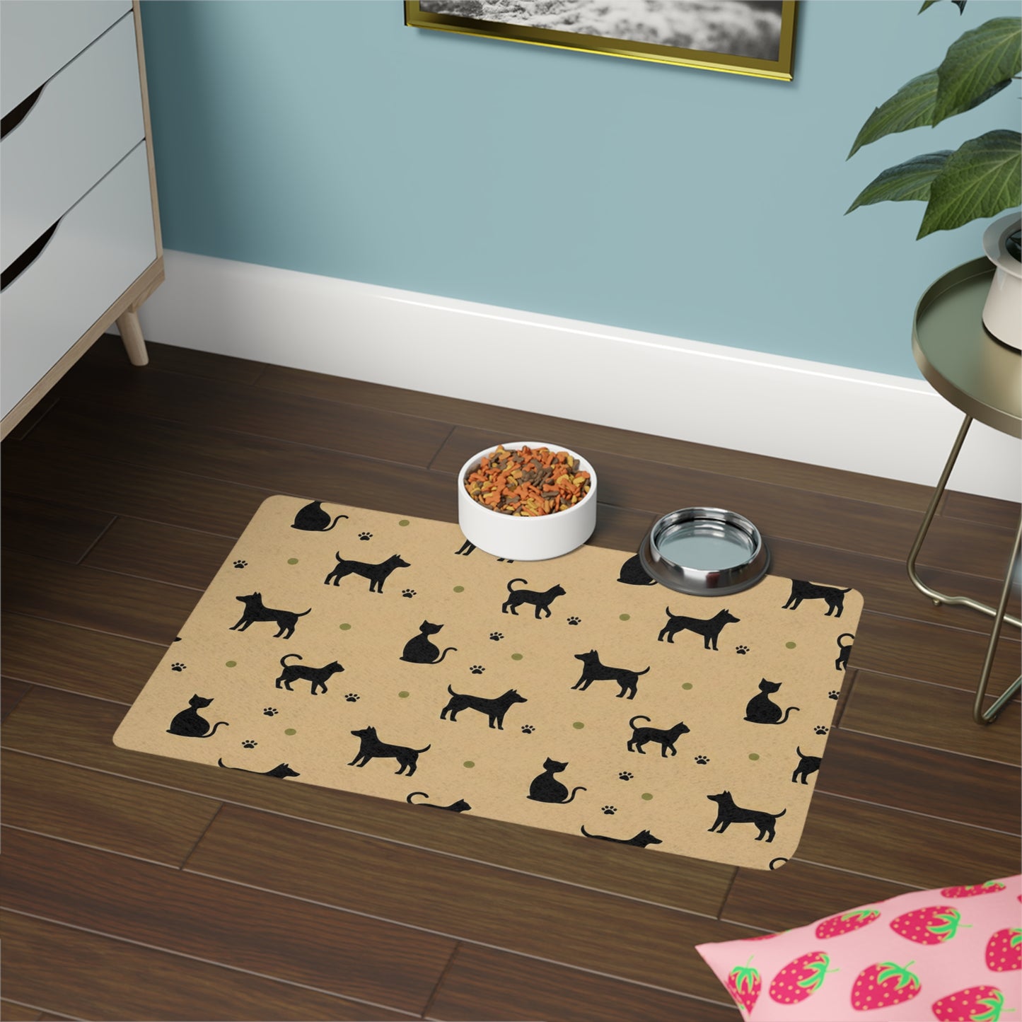 Black Cat & Dog silhouette animal Pattern Pet Food Mat — Non-Slip 12x18 Feeding Placemat