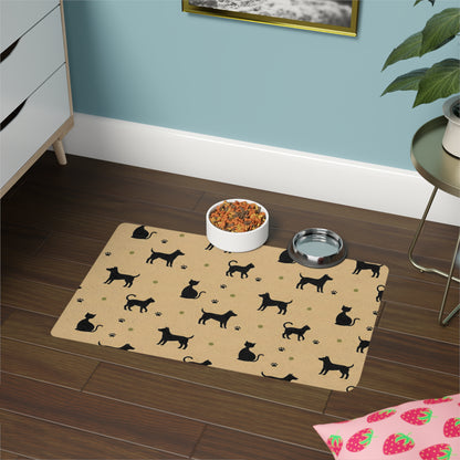 Black Cat & Dog silhouette animal Pattern Pet Food Mat — Non-Slip 12x18 Feeding Placemat