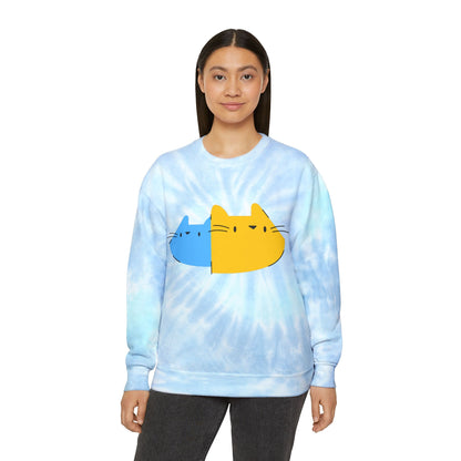 Cute Split Cat Tie-Dye Sweatshirt — Blue & Yellow Cat Graphic Crewneck